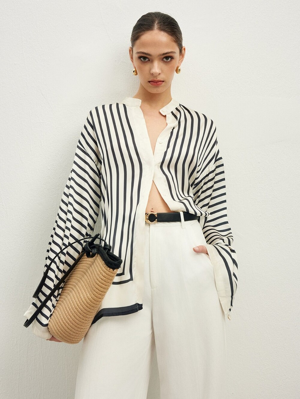 Oversized Satin Striped Button Down Blouse - Picture 1 of 9